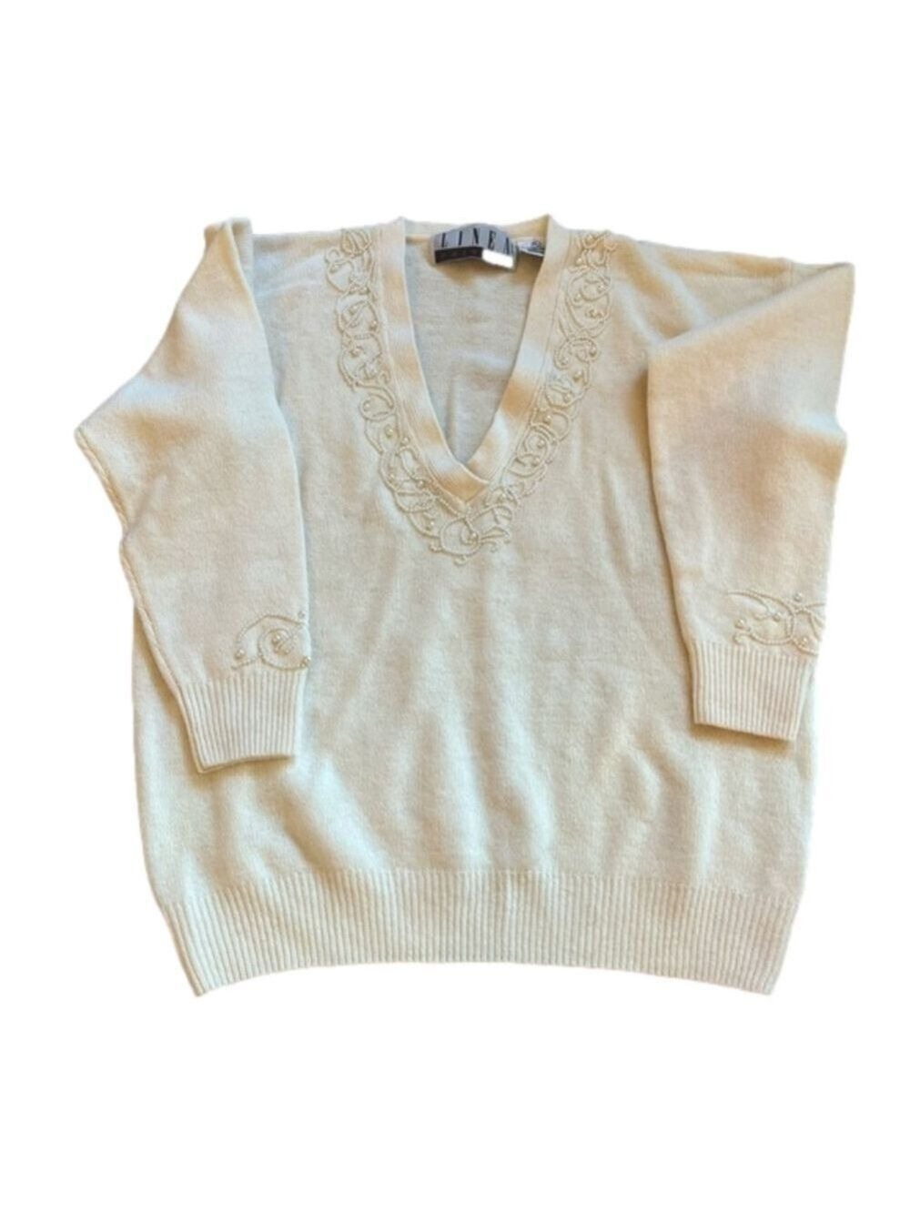 Vintage Angora & Lambswool Cream V Neck Sweater, Delicate Seed Pearl Beading M